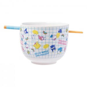 Hello Kitty Hello Kitty and Friends Ceramic Ramen Bowl and Chopstick Set (Color Grid) Niebieskie | PL_HK69873