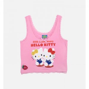 Hello Kitty Hello Kitty x Dumbgood Lace Cropped Tank (50th Anniv.) Różowe | PL_HK31827