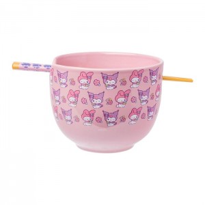 Hello Kitty My Melody & Kuromi Ceramic Ramen Bowl and Chopstick Set (Pastel Flowers) Różowe | PL_HK28782