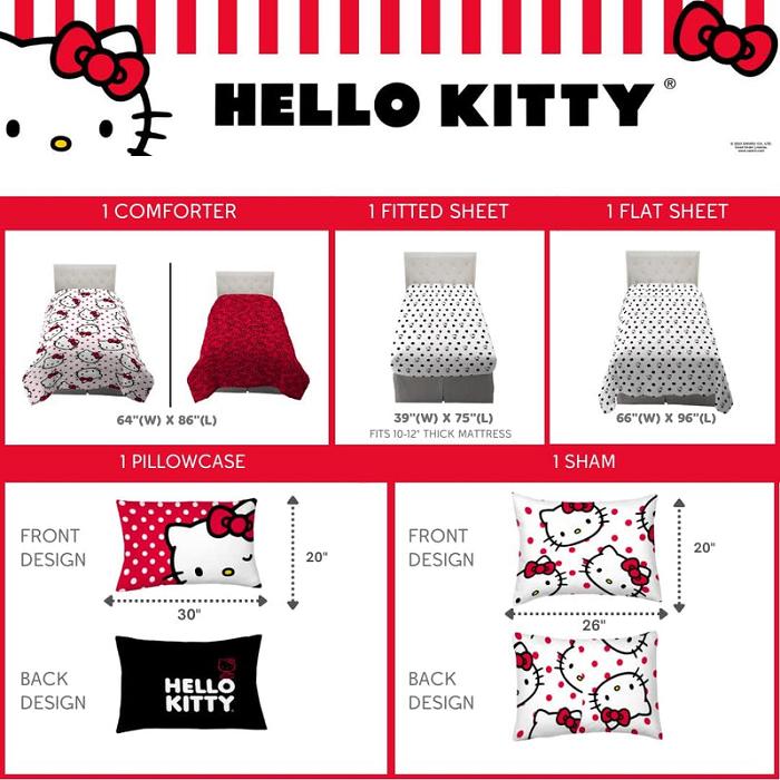 Hello Kitty Hello Kitty Polka Dot Party Bedding Set Czarne Białe | PL_HK62203