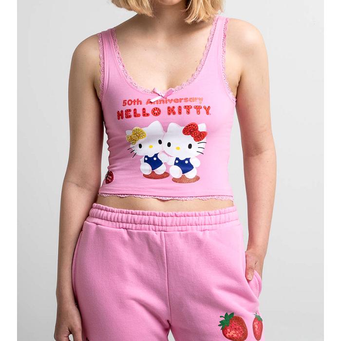 Hello Kitty Hello Kitty x Dumbgood Lace Cropped Tank (50th Anniv.) Różowe | PL_HK31827