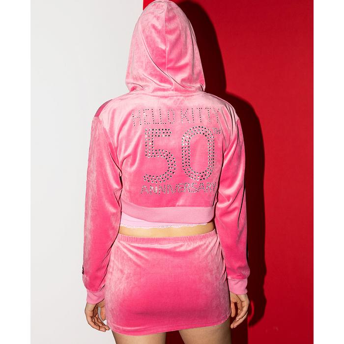 Hello Kitty Hello Kitty x Dumbgood Pink Velour Cropped Hoodie (50th Anniv.) Różowe | PL_HK84788