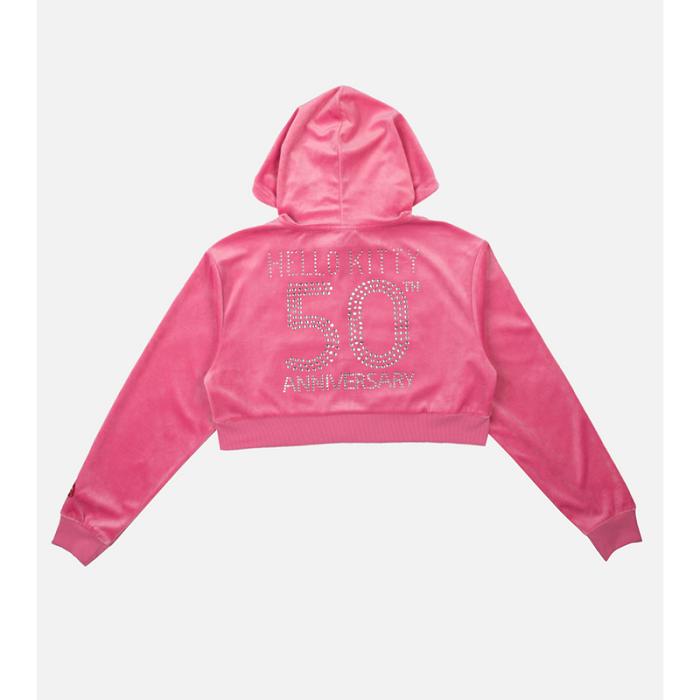 Hello Kitty Hello Kitty x Dumbgood Pink Velour Cropped Hoodie (50th Anniv.) Różowe | PL_HK84788