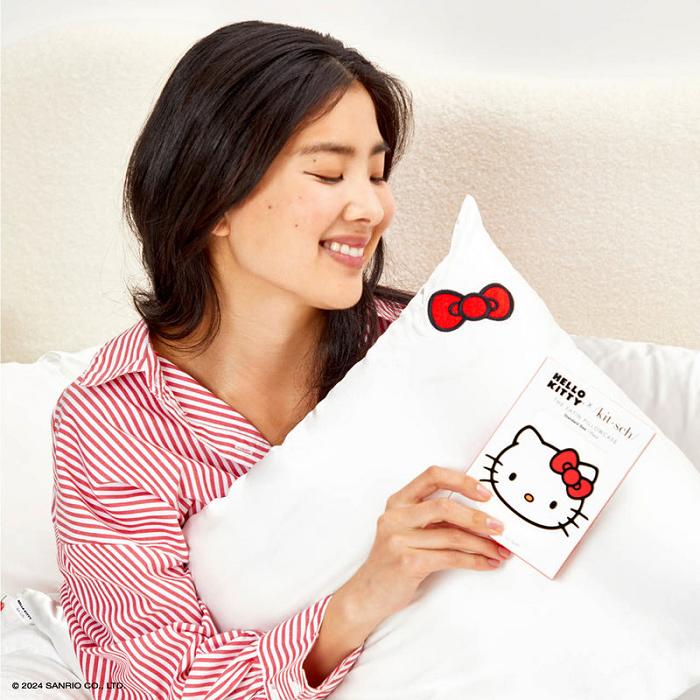 Hello Kitty Hello Kitty x Kitsch Bow Pillowcase (Solid Ivory) Białe | PL_HK77727