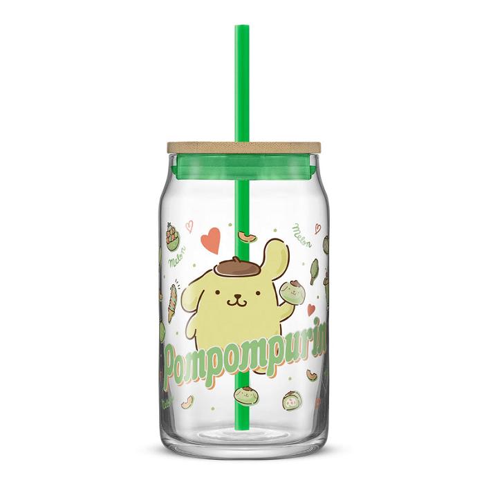 Hello Kitty Pompompurin Favorite Flavor Lidded Glass Tumbler Zielone | PL_HK67925