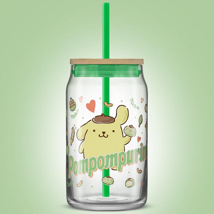 Hello Kitty Pompompurin Favorite Flavor Lidded Glass Tumbler Zielone | PL_HK57505